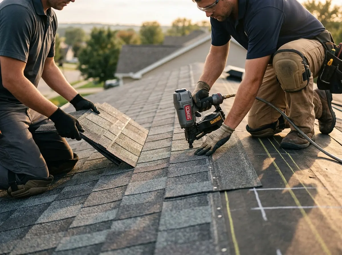 Professional roofer working on a residential roof in Westmoreland